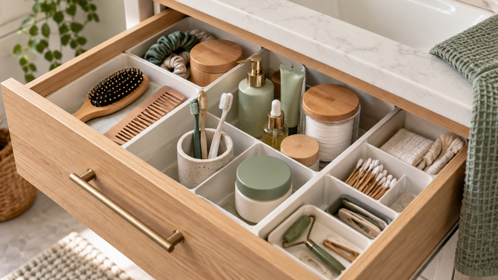 Open bathroom vanity cabinet with baskets organizing toiletries, cleaning supplies, and spare toilet paper