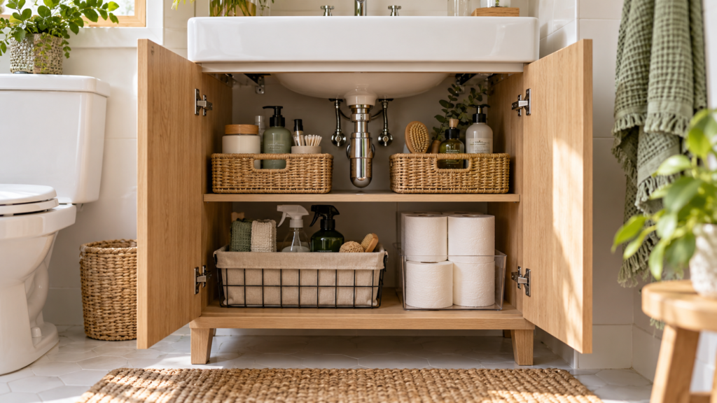 Bathroom vanity drawer with dividers separating brushes, toothbrushes, skincare products, and cotton swabs