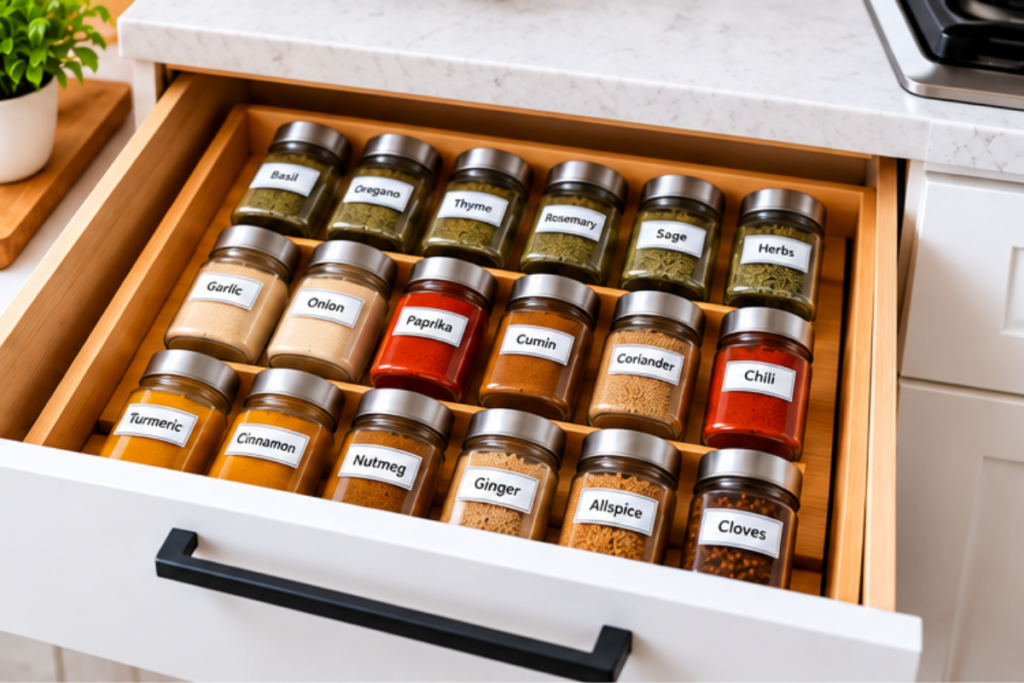 Organized spice jars in a kitchen drawer spice organizer
