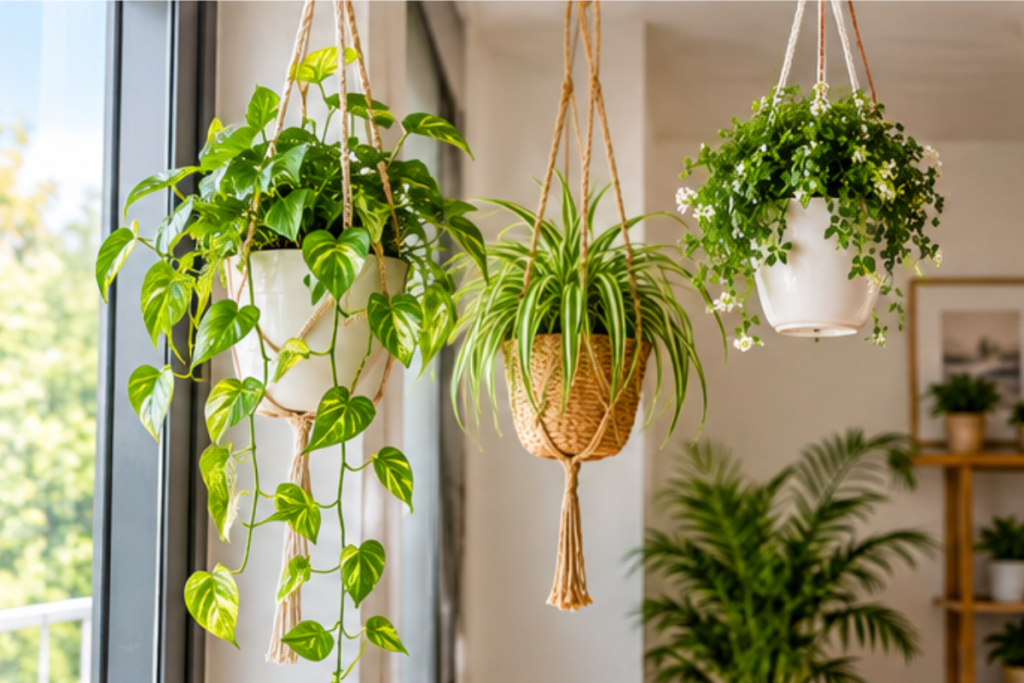 hanging indoor plants near a bright window in a small home