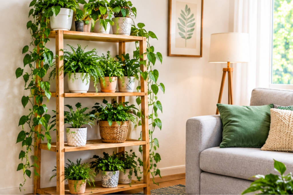 indoor plant shelf with multiple houseplants in a small living space
