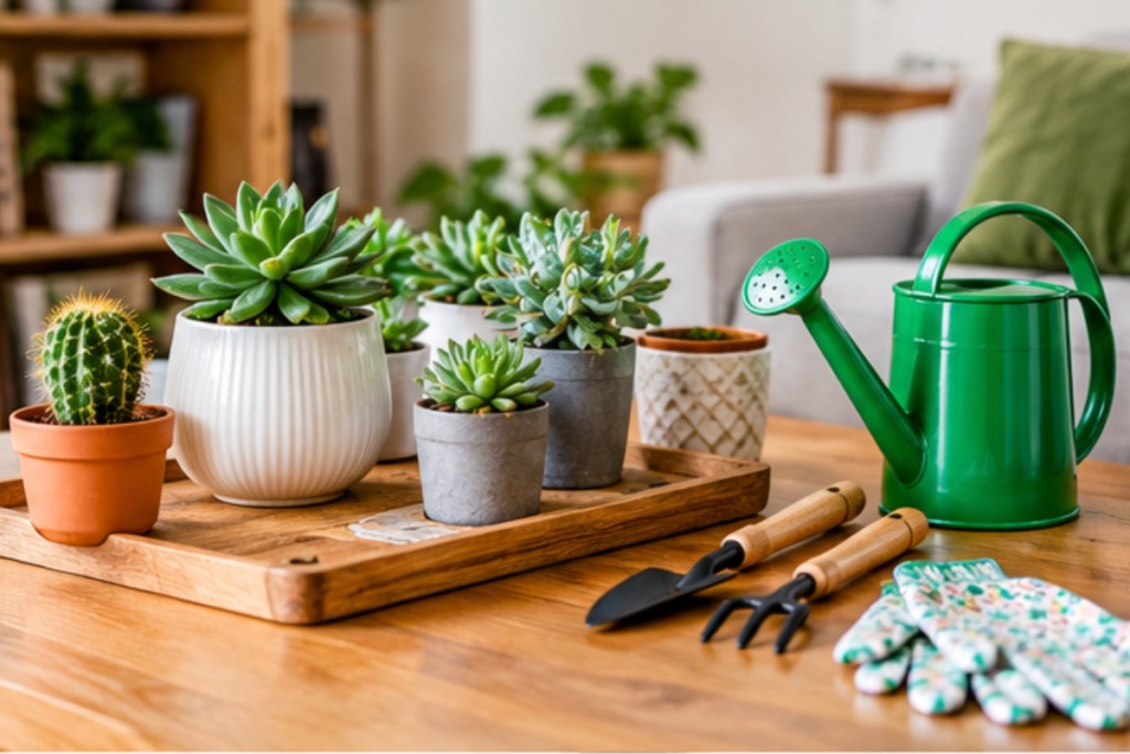indoor succulent garden with small potted succulents for beginners