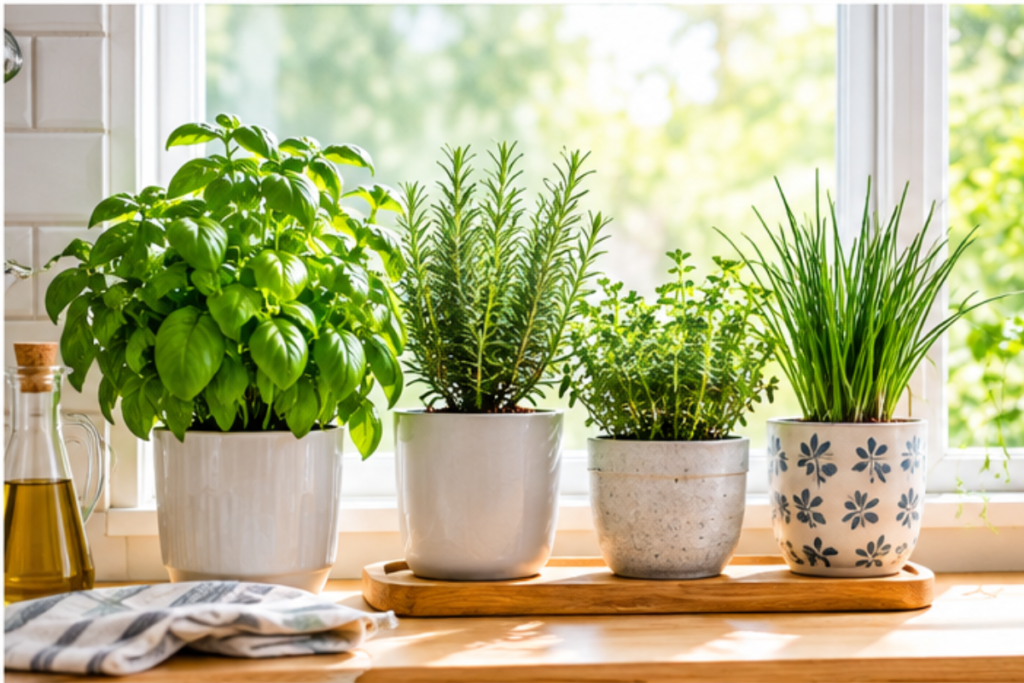 indoor windowsill herb garden for beginners with potted herbs