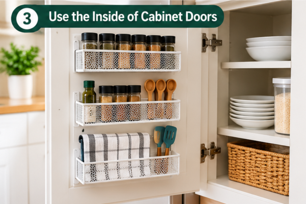 Kitchen cabinet door organizer providing extra storage in a small kitchen