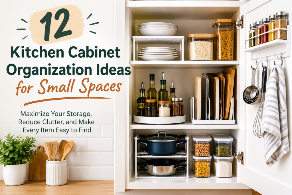 Kitchen cabinet organization ideas for small spaces with organized dishes, cookware, spices, and storage containers
