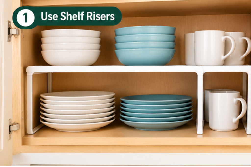 Kitchen cabinet shelf riser used to organize dishes in a small space
