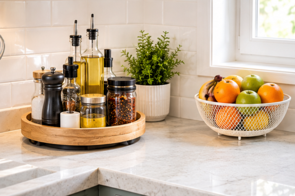 cooking oils sauces and condiments organized on a tray on a kitchen countertop