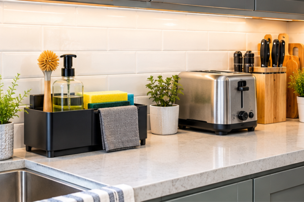 kitchen sink-side organizer holding cleaning supplies beside a small kitchen sink