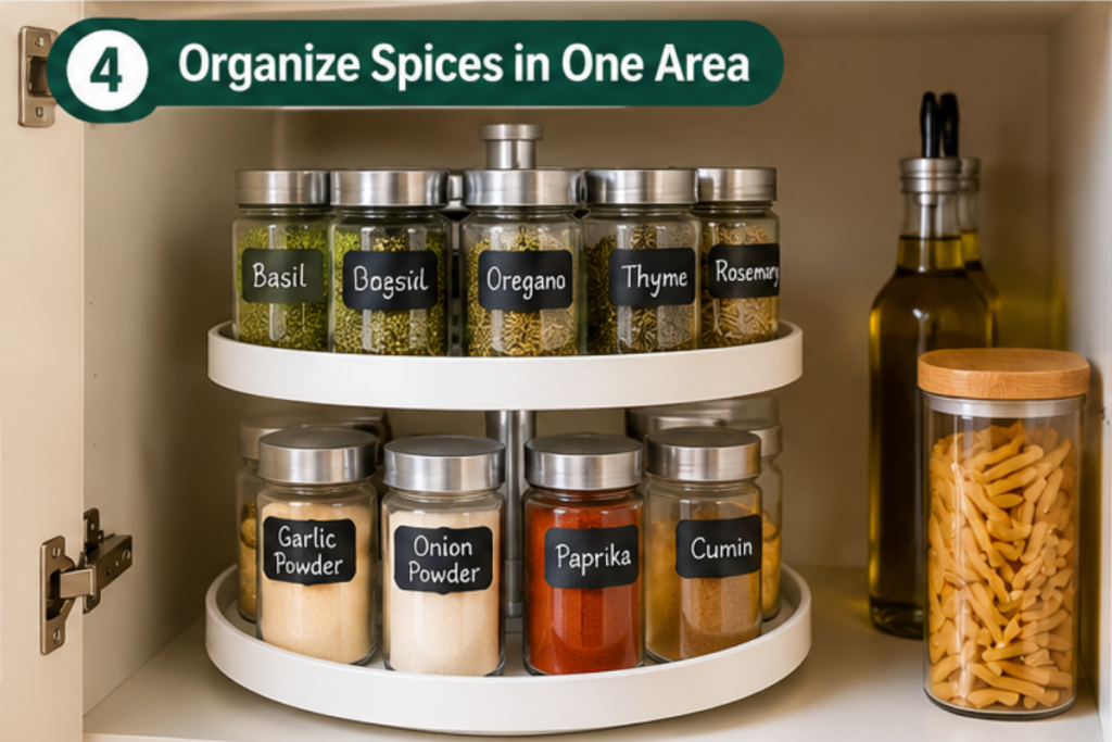 Organized kitchen cabinet with dishes cookware and storage containers for a small space