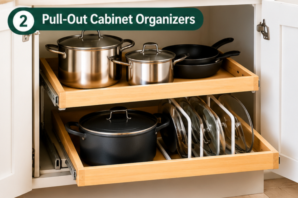 Pull-out organizer making deep kitchen cabinet storage easier to access