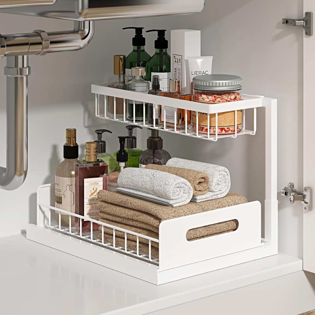 Kitchen sink organizer for storing cleaning supplies and everyday essentials