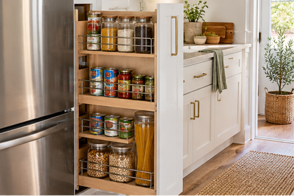 Narrow pull-out pantry beside a refrigerator, stocked with jars and canned goods