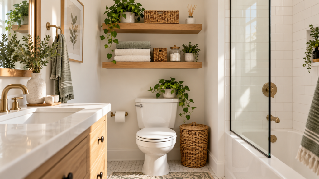 Oak floating shelves above a toilet holding folded towels, woven baskets, and toiletries
