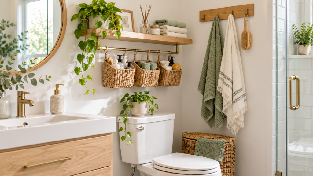 Bathroom wall with hanging storage baskets, a floating shelf, and hooks holding towels