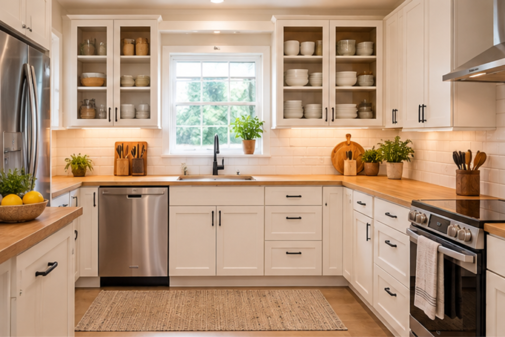 Small kitchen with decluttered cabinets and organized storage