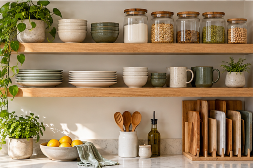Oak kitchen shelves displaying dishes and glass jars above vertically stored cutting boards