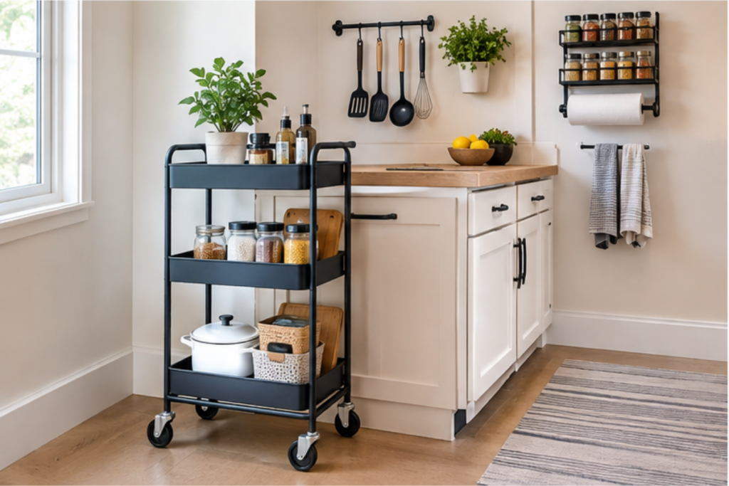 Slim rolling cart and wall storage in a small kitchen