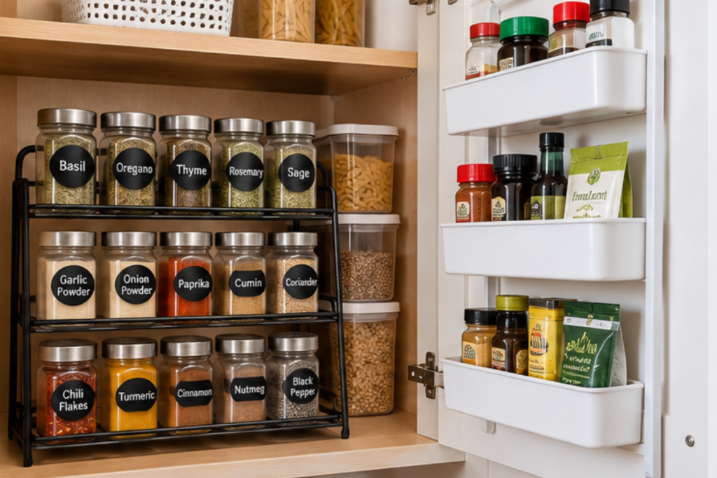 Small kitchen spice storage with organized spice jars and cabinet storage