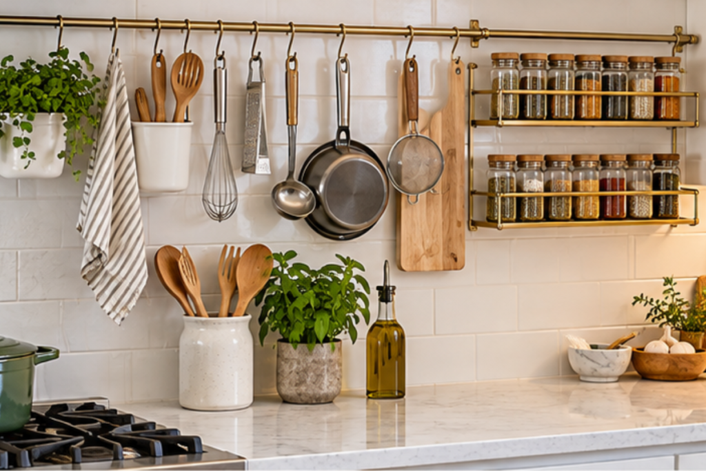 Kitchen wall with hanging utensils, hooks, and spice racks above the counter