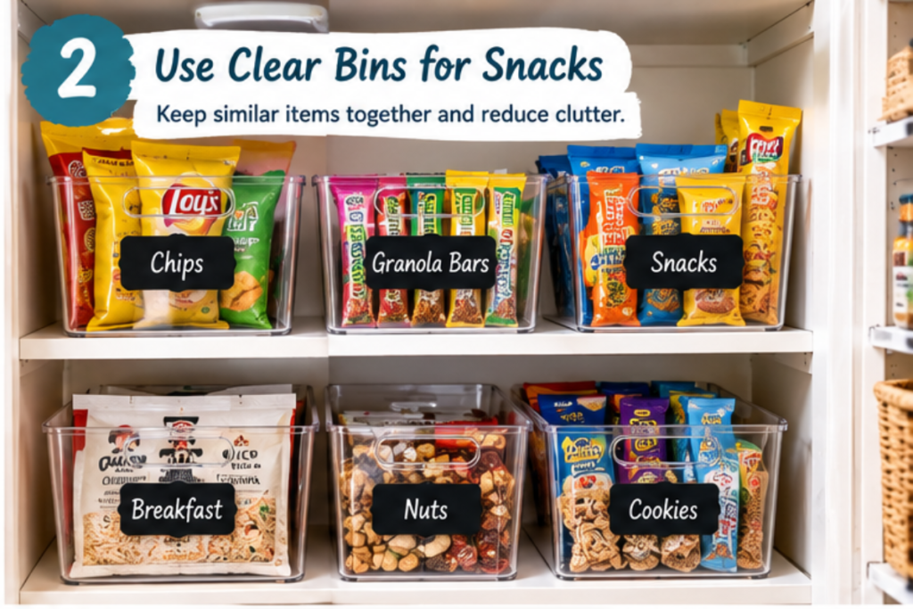 Clear storage bins organizing snacks in a small pantry