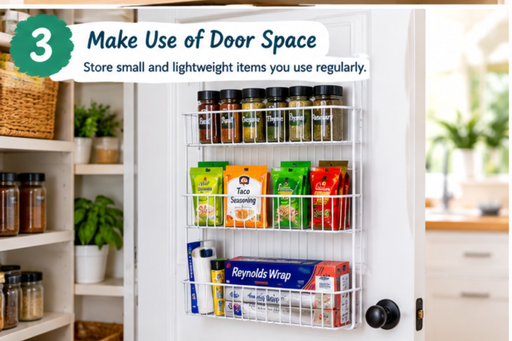 Pantry door organizer storing spices packets and small food items