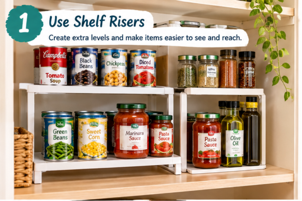 Shelf risers organizing cans and jars in a small pantry