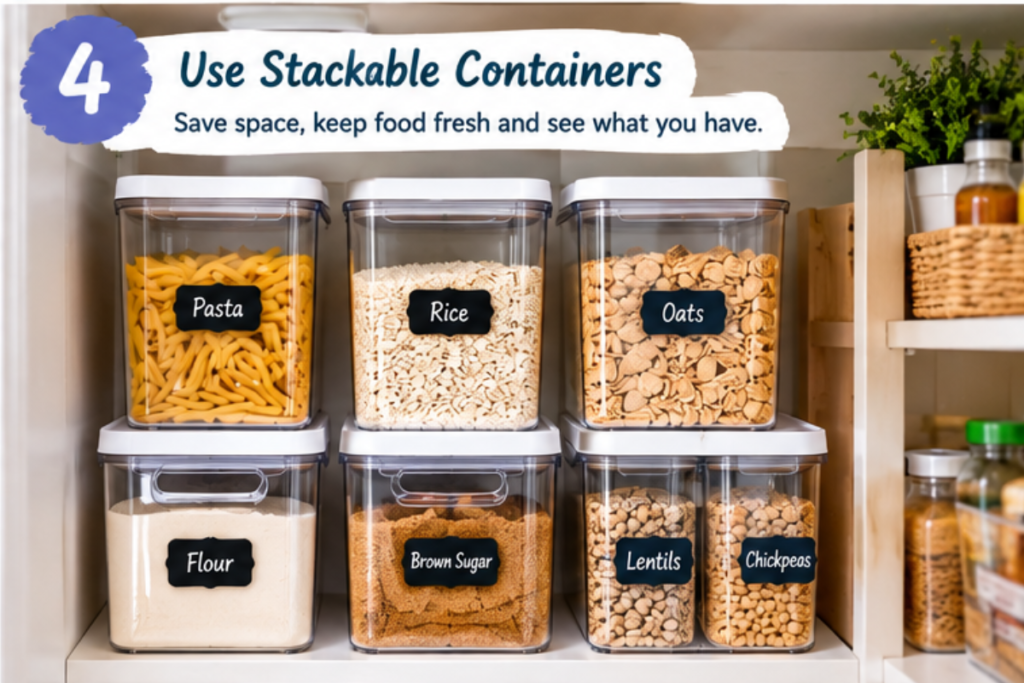 Stackable food containers organizing dry goods in a small pantry