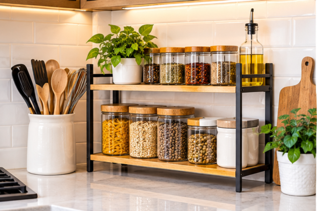 tiered countertop organizer helping maximize space in a small kitchen