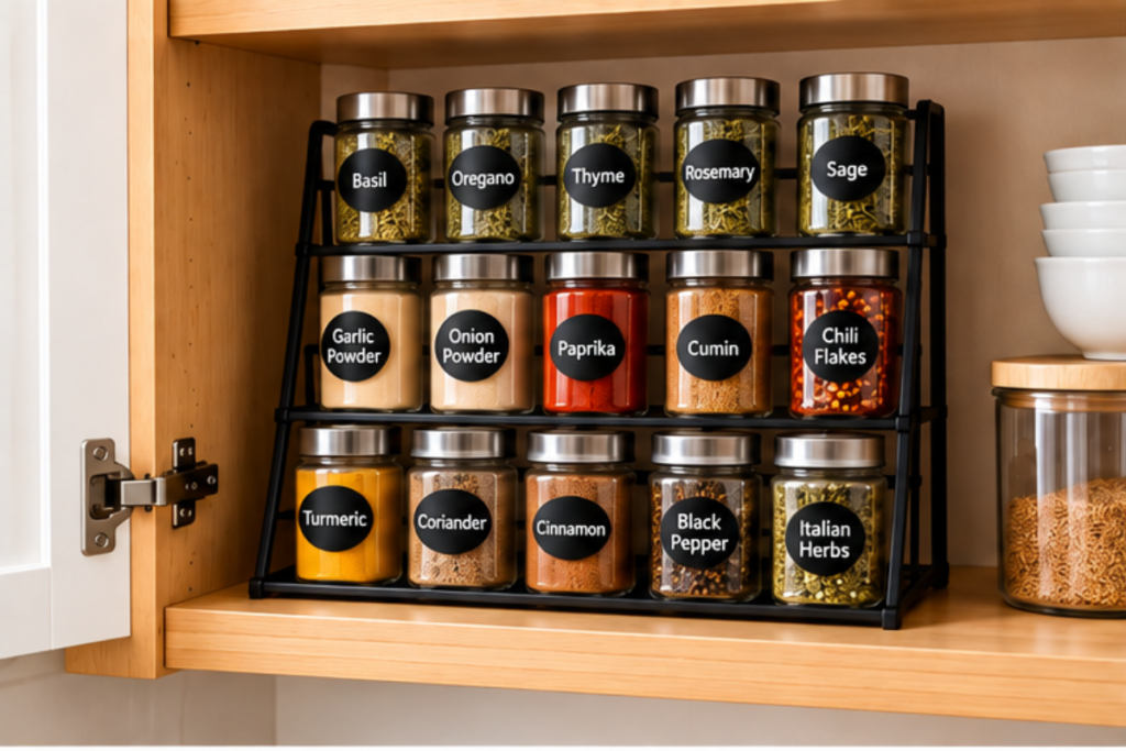 Tiered spice rack organizing spice jars inside a kitchen cabinet