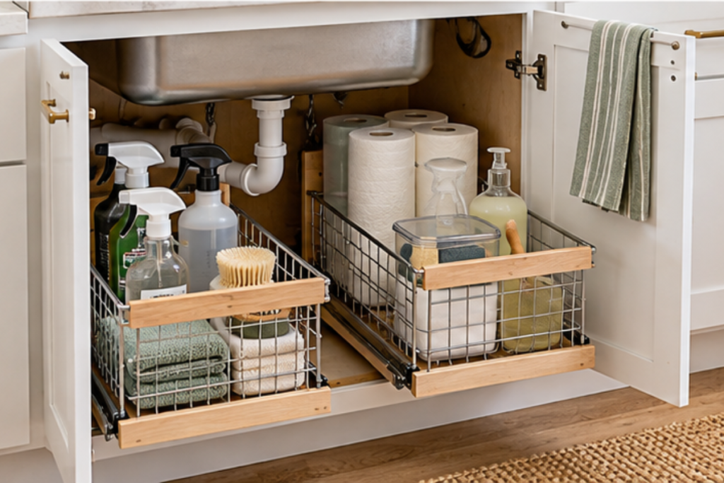 Open under-sink cabinet with pull-out baskets holding cleaning supplies