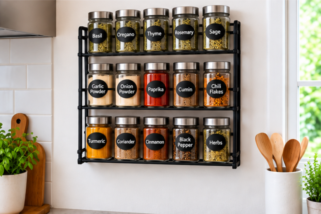 Wall-mounted spice rack with organized spice jars in a small kitchen