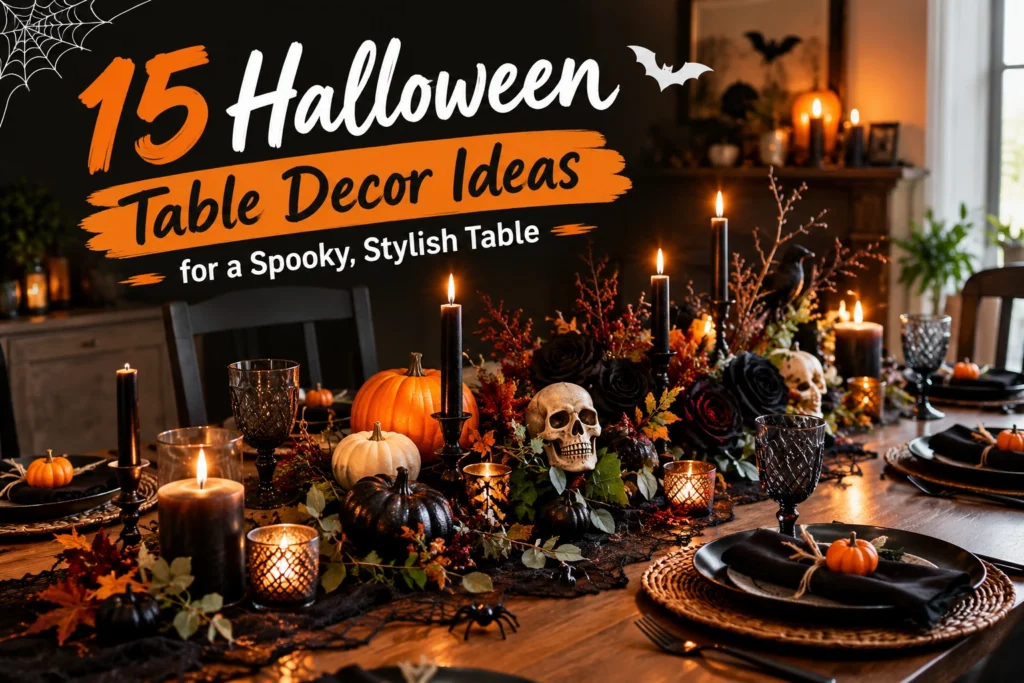 15 Halloween table decor ideas featuring pumpkins, black candles, and a spooky centerpiece. Copy alt text