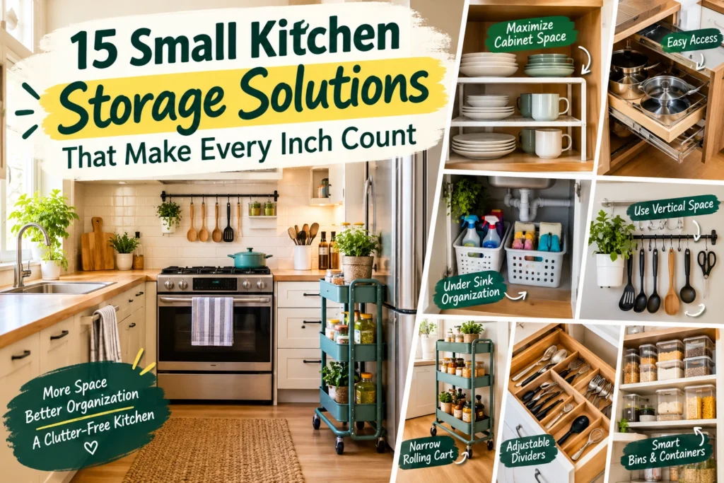 15 small kitchen storage solutions including cabinet organizers, pull-out shelves, rolling carts, drawer dividers, and space-saving containers.