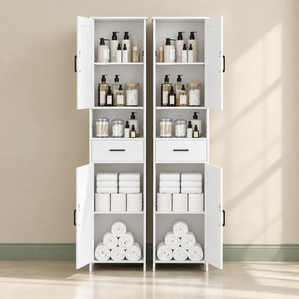 White double-door bathroom storage cabinet with open shelves, toiletries, drawers, and neatly arranged white towels.