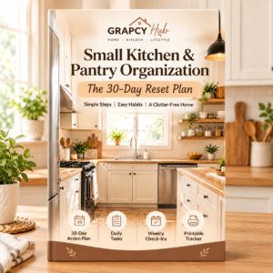 Small kitchen and pantry organization eBook cover featuring the 30-day reset plan