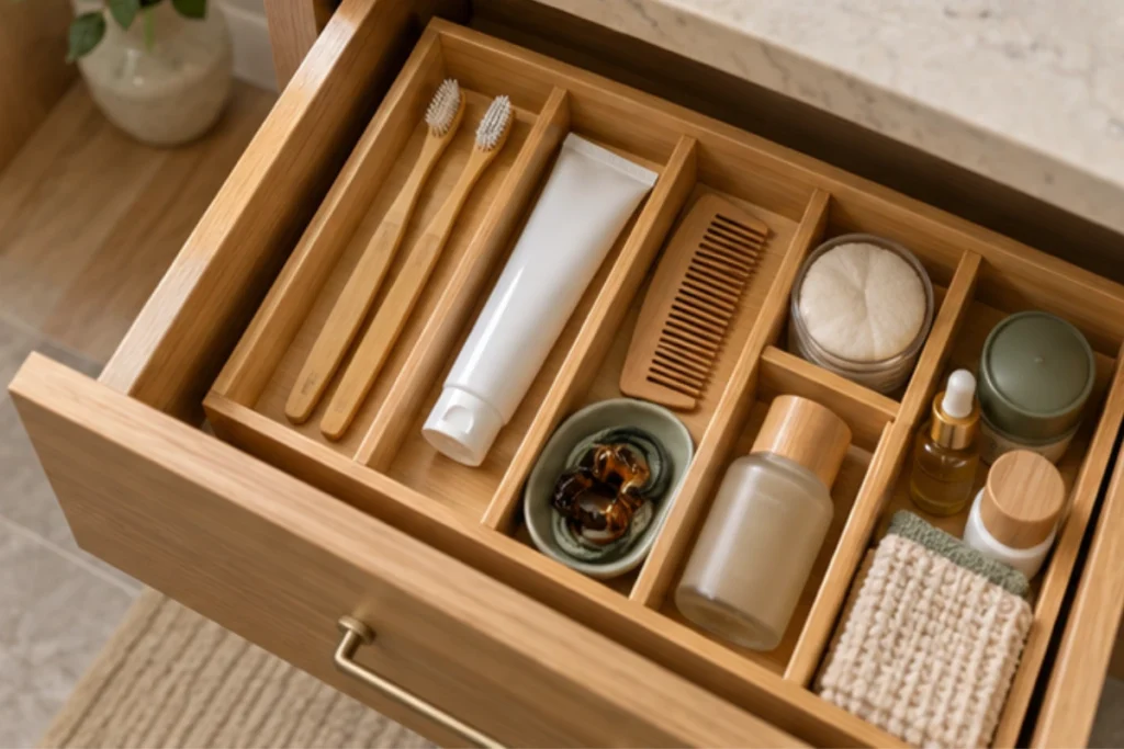 Open vanity drawer with bamboo dividers separating toothbrushes, a comb, hair accessories, and skincare containers.
