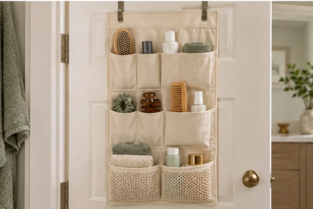 Cream pocket organizer hanging on a bathroom door holding brushes, toiletries, hair accessories, and folded washcloths.