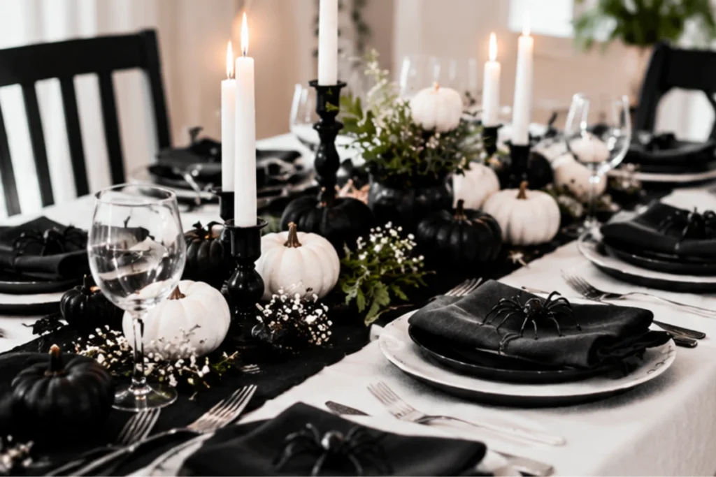 Black and white Halloween table decor with white pumpkins, black plates, and candles.