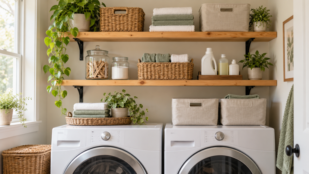 Wooden shelves above a washer and dryer with woven baskets, fabric bins, folded towels, and jars.