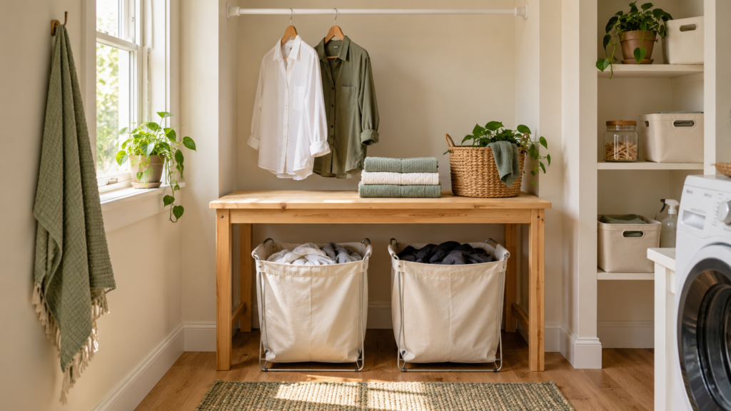 Wooden folding table with two canvas laundry hampers underneath, folded towels on top, and shirts hanging from a tension rod.