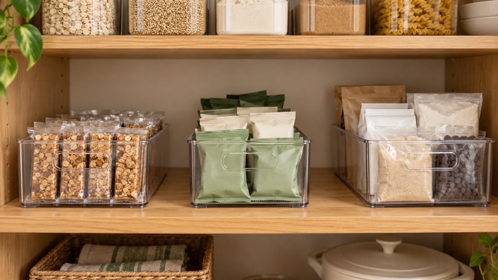 Three clear bins on a wooden pantry shelf holding individually wrapped granola bars, snack packets, and baking supplies.