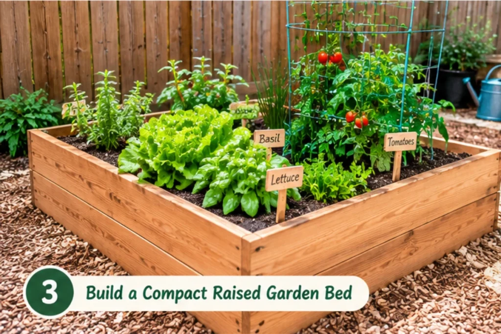 Compact vegetable garden with affordable raised beds and vegetables