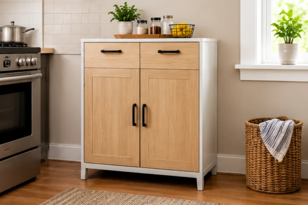 Compact light wood kitchen storage cabinet with two drawers and double doors for organizing kitchen accessories and larger essentials. Copy alt text
