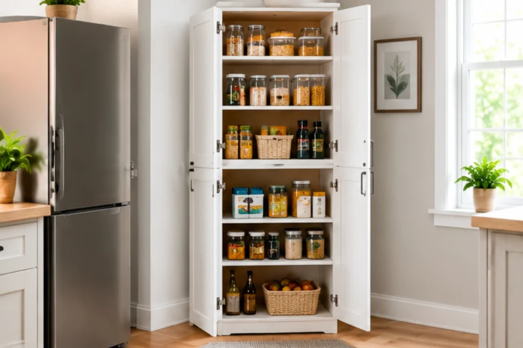 Compact white pantry cabinet with doors and organized shelves for dry food, jars, and pantry essentials. Copy alt text