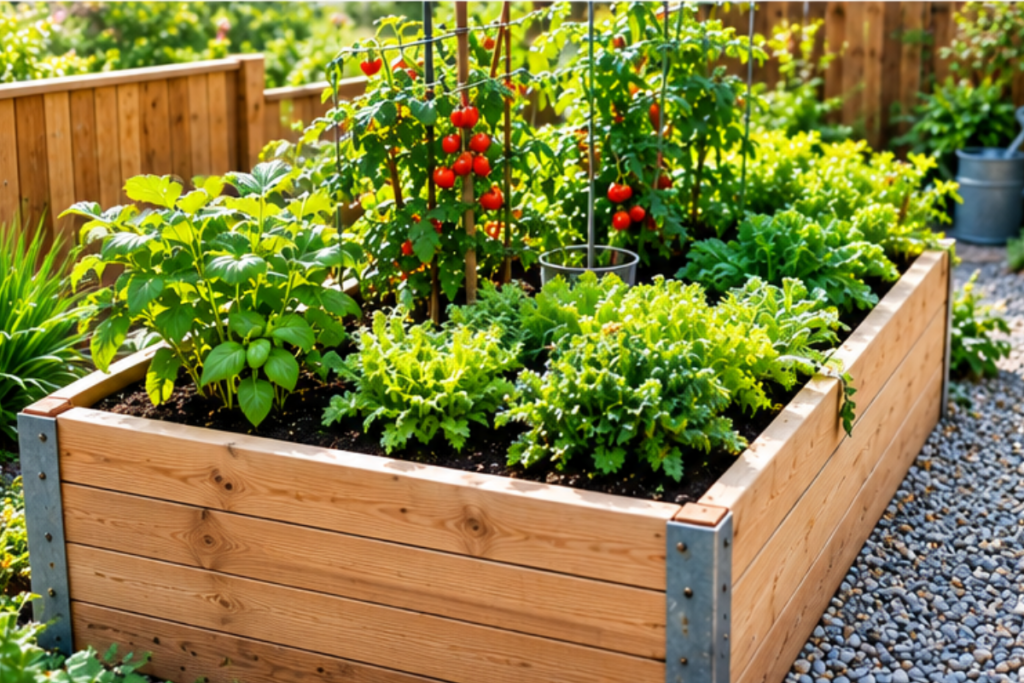 Compact raised garden bed filled with vegetables in a small backyard