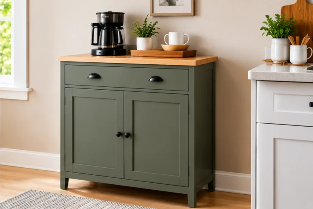 Olive green counter-height kitchen storage cabinet with doors, a drawer, and a wooden top used as a coffee station.