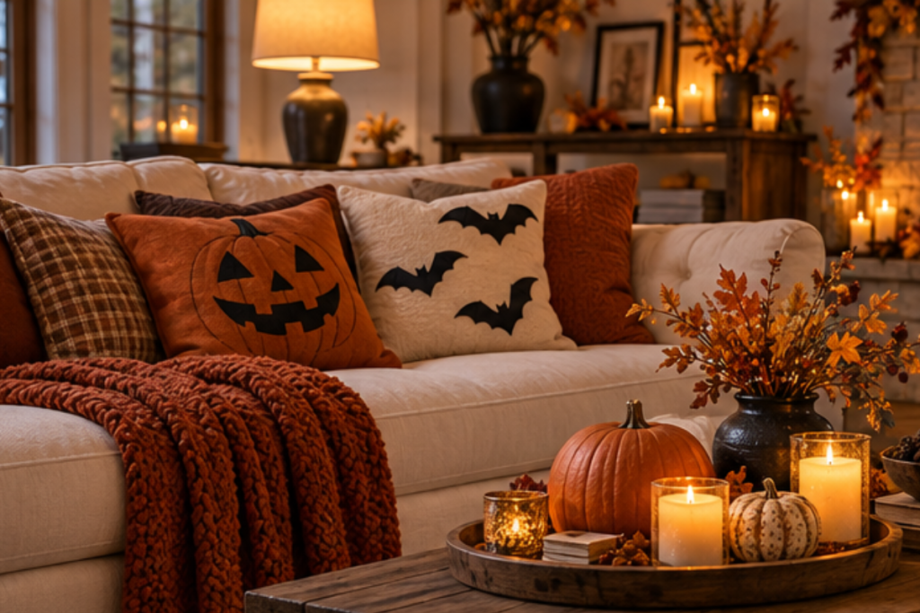 cozy living room with halloween pillows pumpkins candles and fall decor