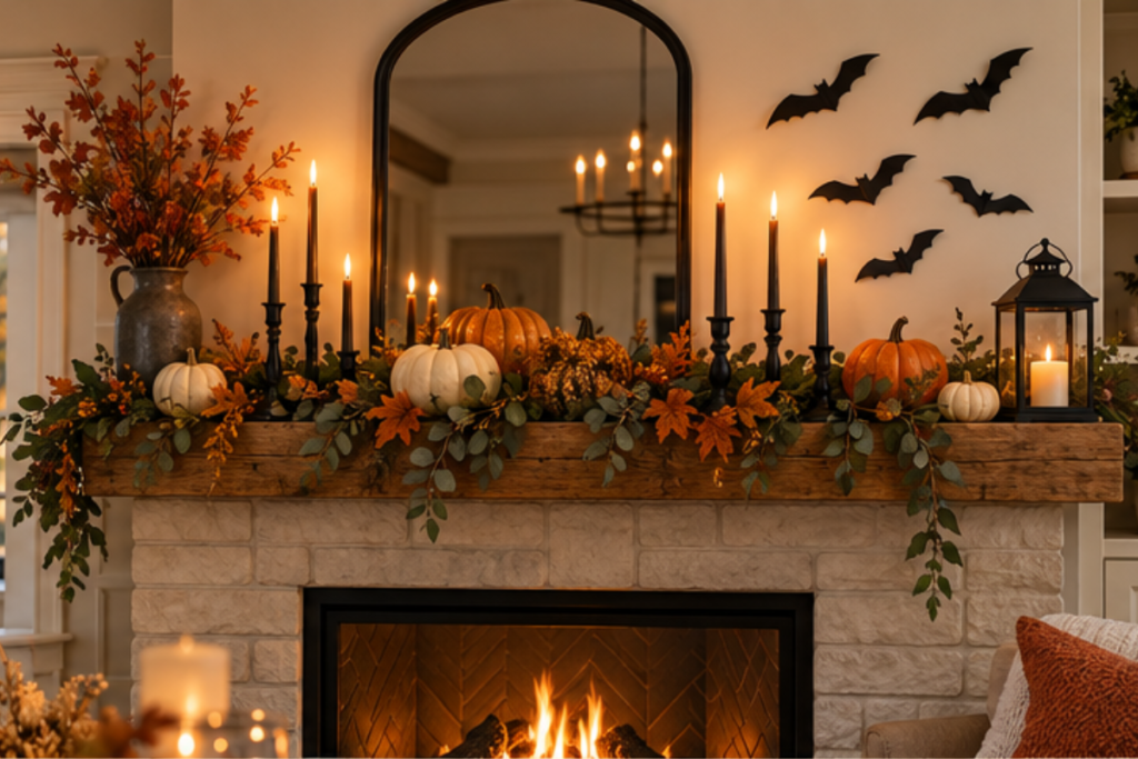 cozy halloween mantel decor with pumpkins candles and bats