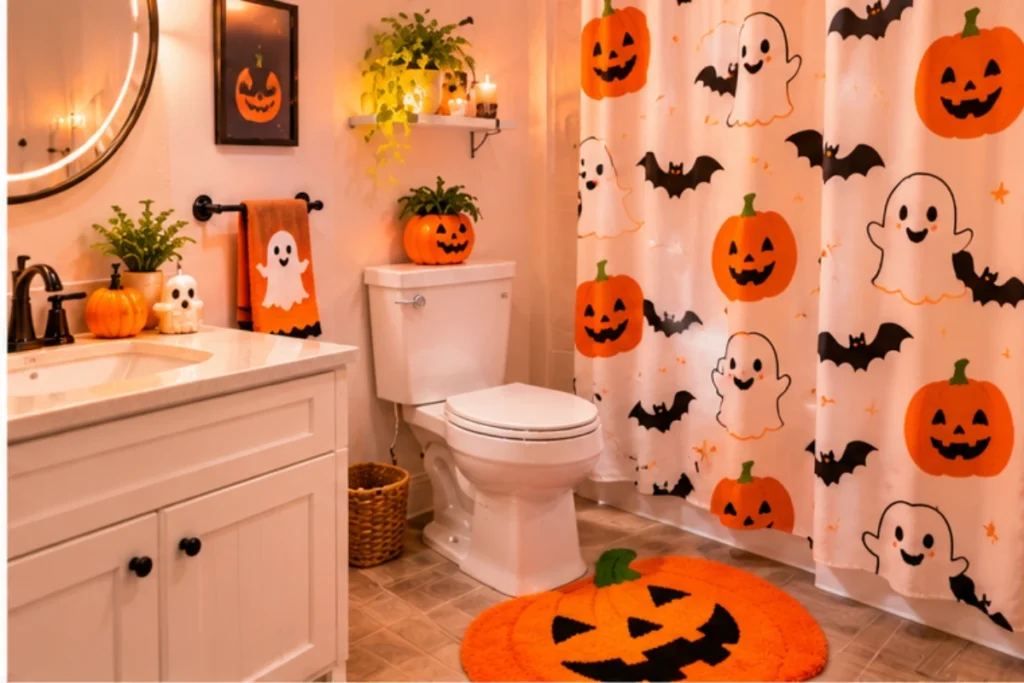 Cute Halloween bathroom with a white ghost and orange pumpkin shower curtain, festive bath mat, and seasonal towels.