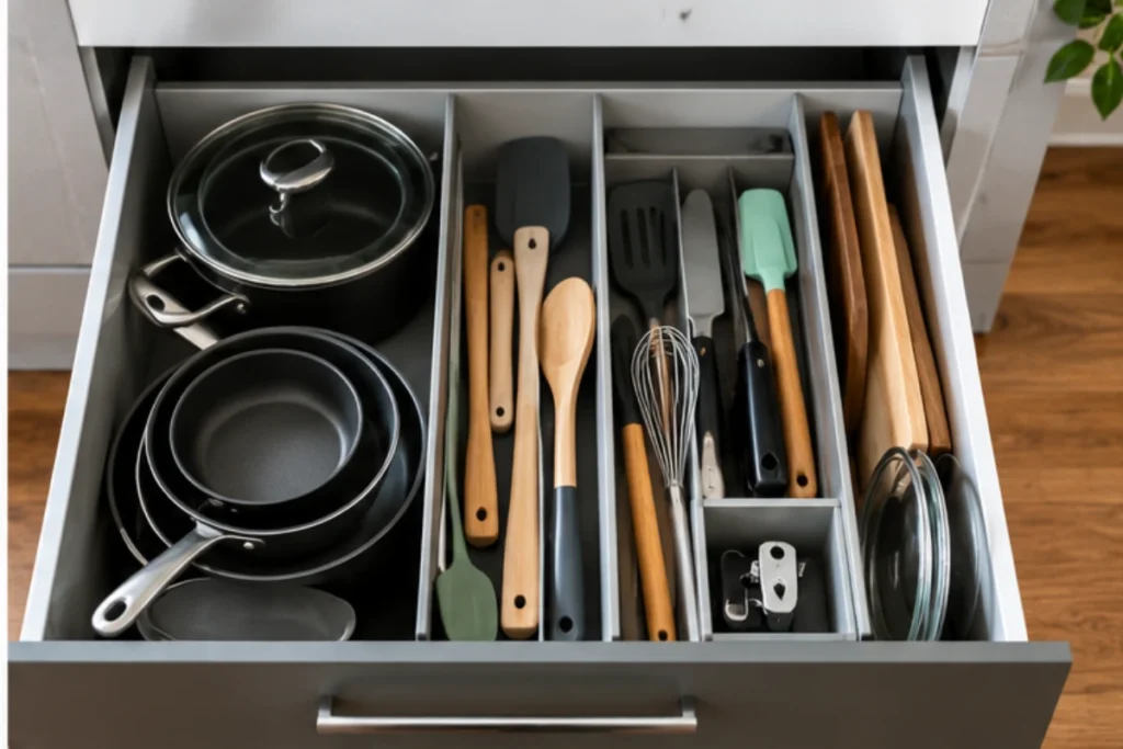 Deep kitchen drawer organized with baking supplies and tools